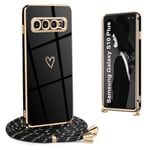 Coque avec Cordon Compatible avec Samsung Galaxy S10 Plus, Galvanoplastie Motif cœur d'amour Housse Antichoc TPU Silicone, Réglable Etui avec Lanière pour Samsung Galaxy S10 Plus, Noir