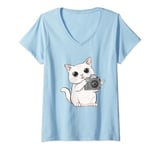 Womens Kawaii Cat With Camera Photographer Funny Cute Photography V-Neck T-Shirt