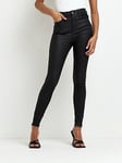 River Island Coated Denim High Rise Skinny Jeans - Black, Black, Size 6, Inside Leg Long, Women