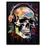 Hardcore Punk Music Artwork Vibrant Drip Paint Skull With Headphones Art Print Framed Poster Wall Decor