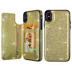 UEEBAI Case for iPhone XR, Premium Glitter PU Leather Case Back Wallet Cover [Two Magnetic Clasp] [Card Slots] Stand Function Durable Shockproof Soft TPU Case for iPhone XR - Gold