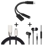 Pack pour Smartphone (Adaptateur Type C/Jack + Cable Fast Charge Type C + Ecouteurs Metal) (NOIR) - Neuf