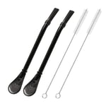 Stainless Steel Drinking Straws with Filter Spoon, 2 Pack Tea Straws, Mate Bombilla, Coffee Stirrer Stick for Iced Tea, Cocktail, with 2 Cleaning Brush (Black)