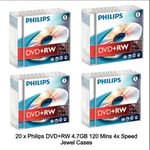 20 x Philips DVD+RW 4.7GB Disc 120Min 4x Speed Jewel Case Rewritable Blank Discs