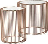 Kare Design Side Table Wire Copper, set of two, steel rack, safety glass tabletop, round, modern bed side table for bedroom, living room, office, Ø 44cm