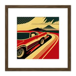 Japan Retro Muscle Car Mount Fuji Illustration Classic Square Wooden Framed Wall Art Print Picture 8X8 Inch