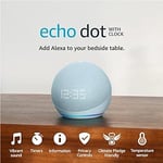 Echo Dot med ur (5. generation) | Større levende lyd Wi-Fi og Bluetooth smart højttaler og Alexa | Sky blå