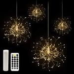 CP3 Firework Lights 120 LED Copper Wire Starburst Lights 8 Modes Rechargeable Power Bank Fairy Lights with Remote, Waterproof Hanging Lights for Christmas Party Garden Decoration 4 Pack(Warm White)
