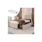 Lit capitonné avec éclairage LED et 2 tiroirs Tête de lit réglable en hauteur lit simple 90x200cm rangements lits sommier à lattes en bois - beige