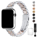 HEKAI Metal Straps Compatible with Apple Watch Strap 38mm 42mm 40mm 44mm 41mm 45mm, Slim Small Adjustable Stainless Steel Replacement Band iWatch Series 7/6/5/4/3/2/1,SE (42mm/44mm, Silver&Rosegold)