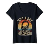 Womens Vintage Headphone, Just A Boy Who Loves Headphone Boys kids V-Neck T-Shirt