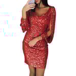 Kvinnors Sekvensdress Glitter Glimrande Sexy Djup V-ringad Kort Klänning Över Knä Längd Lång Fransärm Klänning Red XL