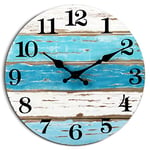 Horloge murale bleue sur le thème de la plage, fonctionne à piles, silencieuse, sans tic-tac, vintage, ronde, rustique, horloge nautique décorative pour la maison, la cuisine, le salon, le bureau, la