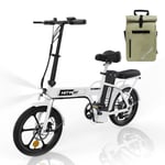 HITWAY hopfällbar elcykel 16" elcykel vit, assisterade cyklar, 36V-8,4Ah batteri, Assisterad trampning+HITWAY grön väska