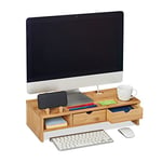 Relaxdays Support d’écran PC en Bambou, 2 tiroirs, casier Rangement, rehausseur d’Ordinateur, HLP 13x54x23 cm, Naturel