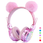 KORABA Kids Headphones Bluetooth, LED Lights Color Change Wireless Girls Headphones for Girls/Boys/Xmax Gift/Online Classes (Pink Bear)
