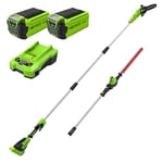 Greenworks Cordless 2-in-1 Pole Saw and Pole Hedge Trimmer, Brushless Motor Pole Saw 25cm Bar, Trimmer 52cm Dual Action Blades, WITH 40V Battery*2 and Charger GD40PSH