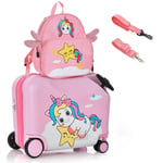 2PC Kids Ride-on Luggage Set 18” Carry-on Suitcase & 12” Backpack Anti-Loss Rope