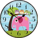 VIKMARI 14 Inch Silent Non-Ticking Quartz Movement Wooden Wall Clocks Battery Operated Round Wall Clock for Study Office School Living Room Children's Room Wall Decorations－Elephant and Owl Pattern