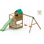 Fungoo - Aire de jeux jarcas avec large plateforme, cabane, échelle, bac à sable, toboggan vert & accessoires de jeux et balançoire 2 sièges - Kit
