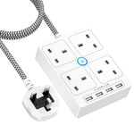 AUOPLUS Extension Lead with USB, 4 Way Extension Plug Surge Protection, Multi Plug Power Strip with USB, 1.8 M Braided Extension Cable, 13A 3250W Extension Cord for Home Office Travel