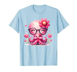 Blue Background, Cute Blue Octopus Daisy Flower Sunglasses T-Shirt