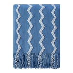 BOURINA Fluffy Chenille Knitted Fringe Throw Blanket, Lightweight Soft Cozy for Bed Sofa Chair,Blue,125x152cm