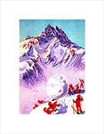 Wee Blue Coo PAINTING WINTER SCENE SNOWBALL ELVES MOUNTAIN SKIING FRAMED ART PRINT B12X12223