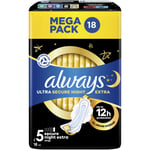Always Ultra Sanitary Towels Secure Night Extra (Size 5) Wings Pads - 18 Pack