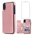 Asuwish Compatible with iPhone Xs Max Wallet Case and Tempered Glass Screen Protector Card Holder Stand Cell Accessories Cover Phone Cases for i X XR Xsmax 10x SX Xmax 10xs 10s 10 Plus Xmaxs Rose Gold