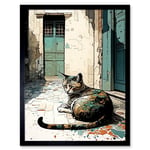 Street Cat Sunbathing on Cobblestone Street Modern Illustration Art Print Framed Poster Wall Decor 12x16 inch