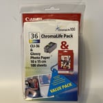 Canon Chroma Life Pack 36 Colour CLI-36 & Glossy photo Paper 100 Sheets 10x15 Cm