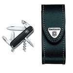 Victorinox Spartan Swiss Army Pocket Knife, Medium, Multi Tool, 12 Functions, Blade, Bottle Opener, Black & Leather Pouch for Swiss Army Pocket Knives, 3,5cm x 10cm, Black