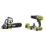 Ryobi OCS1830 18 V 30 cm Bar ONE+ Cordless Brushless Chain Saw & R18PD3-215GZ 18 V ONE+ Cordless Combi Drill Starter Kit (2 x 1.5 Ah), Hyper Green