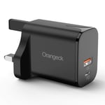 Orangeck USB C Plug Charger Power Port 18W PD USB Wall Charger with QC3.0 Fast Charging Mini Dual Port Mains Adapter Plug Power Delivery Adapter for iPhone 11 Pro X Max, Galaxy S9, iPad etc. (Black)