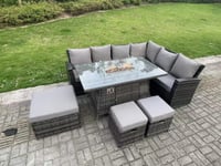 9 Seater High Back Rattan Gas Fire Pit Corner Sofa Set Garden Furniture Heater Dining Table Set Right Hand