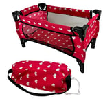 The New York Doll Collection Pink Doll Travel Cot Bed With White Hearts Design- fit 18 inch/46cm Dolls - Baby Toy Accessories Includes Zip Up Storage Bag For Fashion Girl Dolls - Doll Play Accessories
