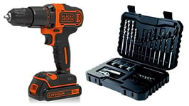 BLACK+DECKER 18 V Cordless 2-Gear Combi Hammer Drill Power Tool with Kitbox, 1.5 Ah Lithium-Ion, BCD700S1K-GB with BLACK+DECKER Drilling and Screwdriver Bit Set - 32 Piece