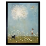 Chasing the Giant Dandelion Dream Artwork Giant Wish Oil Painting Kids Bedroom Child and Pet Dog in Daisy Field Art Print Framed Poster Wall Decor 12x