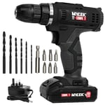 MYLEK MYW09 18V Cordless Drill Electric Screwdriver Set, Powerful Lithium Ion Battery Pack, 18 Volts Combi Driver, DIY Accessory Kit, Black