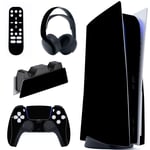 playvital Black Full Set Skin Decal for ps5 Console Disc Edition,Sticker Vinyl Decal Cover for ps5 Controller & Charging Station & Headset & Media Remote
