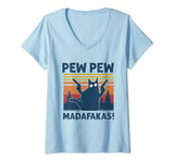 Womens Cat Pew Pew Madafakas Vintage Crazy Cat Funny Graphic V-Neck T-Shirt