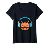 Womens Funny Pixel Art Cat With Headphones V-Neck T-Shirt
