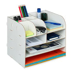Relaxdays Organiseur Bureau avec étagères Documents, 10 Compartiments, HxLxP: 27,5 x 32,5 x 25 cm, Rangement MDF, Blanc