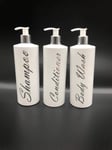Mrs Hinch Inspired Set of 3 White Personalised Pump Bottles Bathroom Kitchen Set Shampoo Conditioner and Body Wash (Black writing)