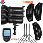 UK 3*Godox SK400II 400W 2.4G Flash+35*160 Grid softbox stand+Xpro-F for Fuji Kit