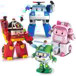 SBSG Robocar Poli 4-pack Poli + Amber + Roy + Helly Transformerande Robotleksaker, 10 cm Transformerande
