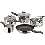 Judge Vista J3C1A Set of 5 Stainless Steel Draining Pans in Gift Box - 16cm 18cm 20cm Saucepans with Lids, 14cm Milk Pan, 26cm Non-Stick Frying Pan, Induction Ready, 25 Year Guarantee