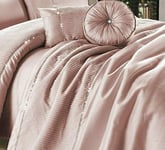 QM-Bedding® LEONA EMBROIDERED Luxury Satin Silk Duvet Quilt Cover Set Or Bed-Spread (Coral Pink, Bed Throw + shams)