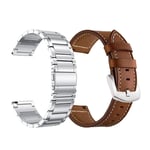 Yeejok Compatible for Galaxy Watch 3 41mm/42mm Straps, 20mm Genuine Leather Watch Strap & Metal Band for Samsung Galaxy Watch Active 2 44mm 40mm, Gear Sport, S2 Classic Men Women, Silver+Brown